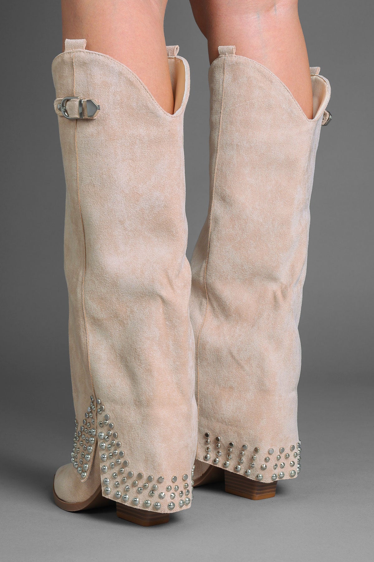 Beige Faux Suede Studded Fold Over Slouch Western Cowboy Boots