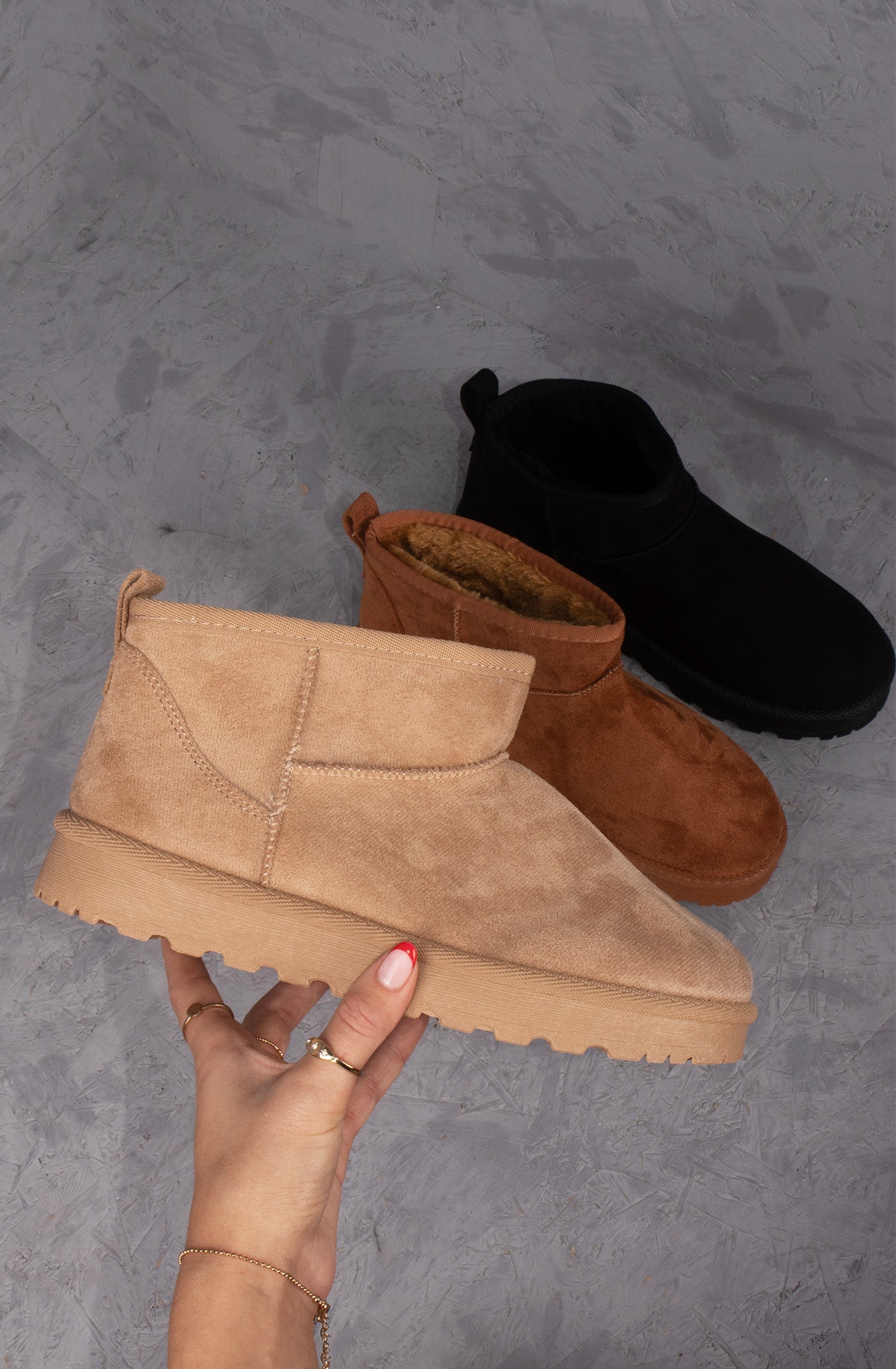Ultra Mini Ankle Length Faux Fur Lining Boots In Beige Faux Suede