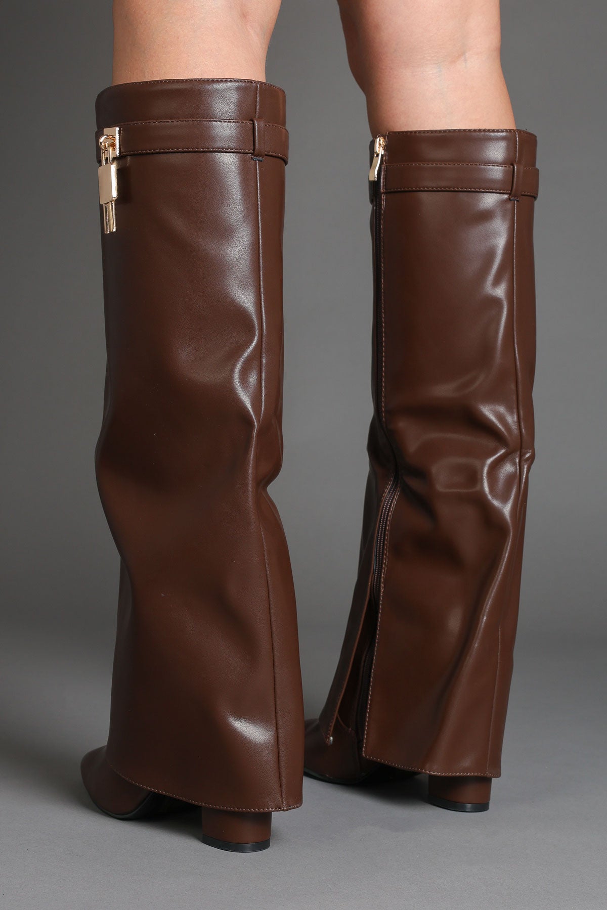 Brown Faux Leather Fold Over Padlock Detail Slouchy Shark Boots