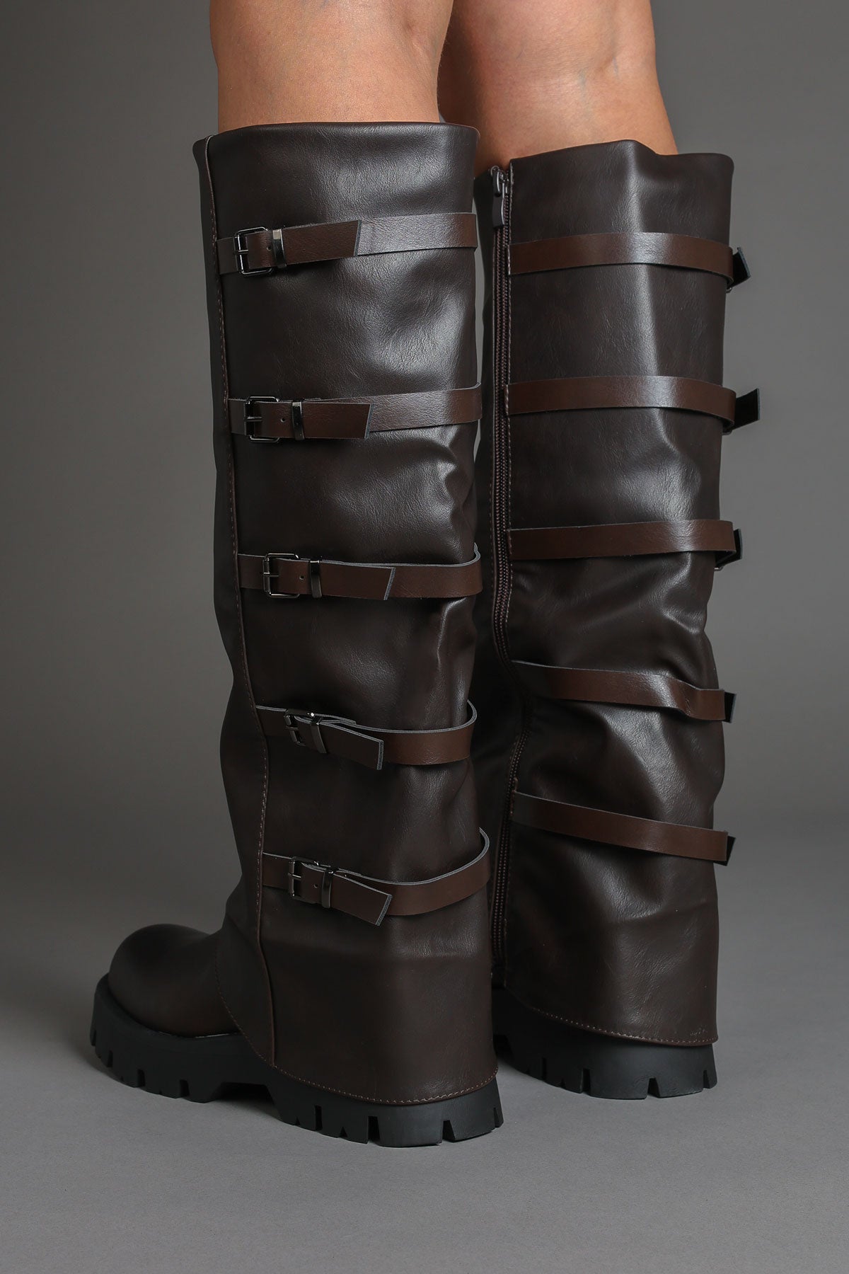 Brown Buckle Detail Fold Over Chunky Biker Boots
