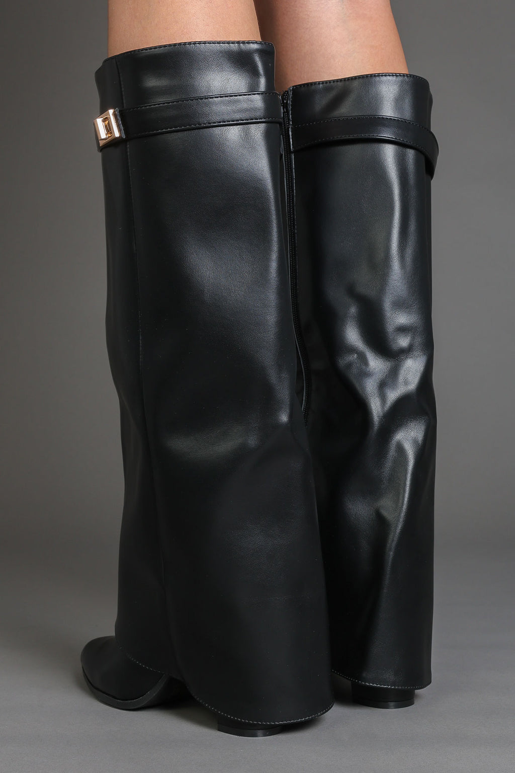 Black Faux Leather Slouchy Fold-Over Boots with Buckle Detail