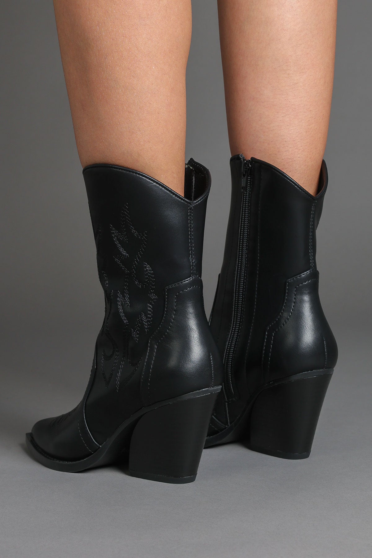 Black Faux Leather Embroidered Classic Western Ankle Cowboy Boots