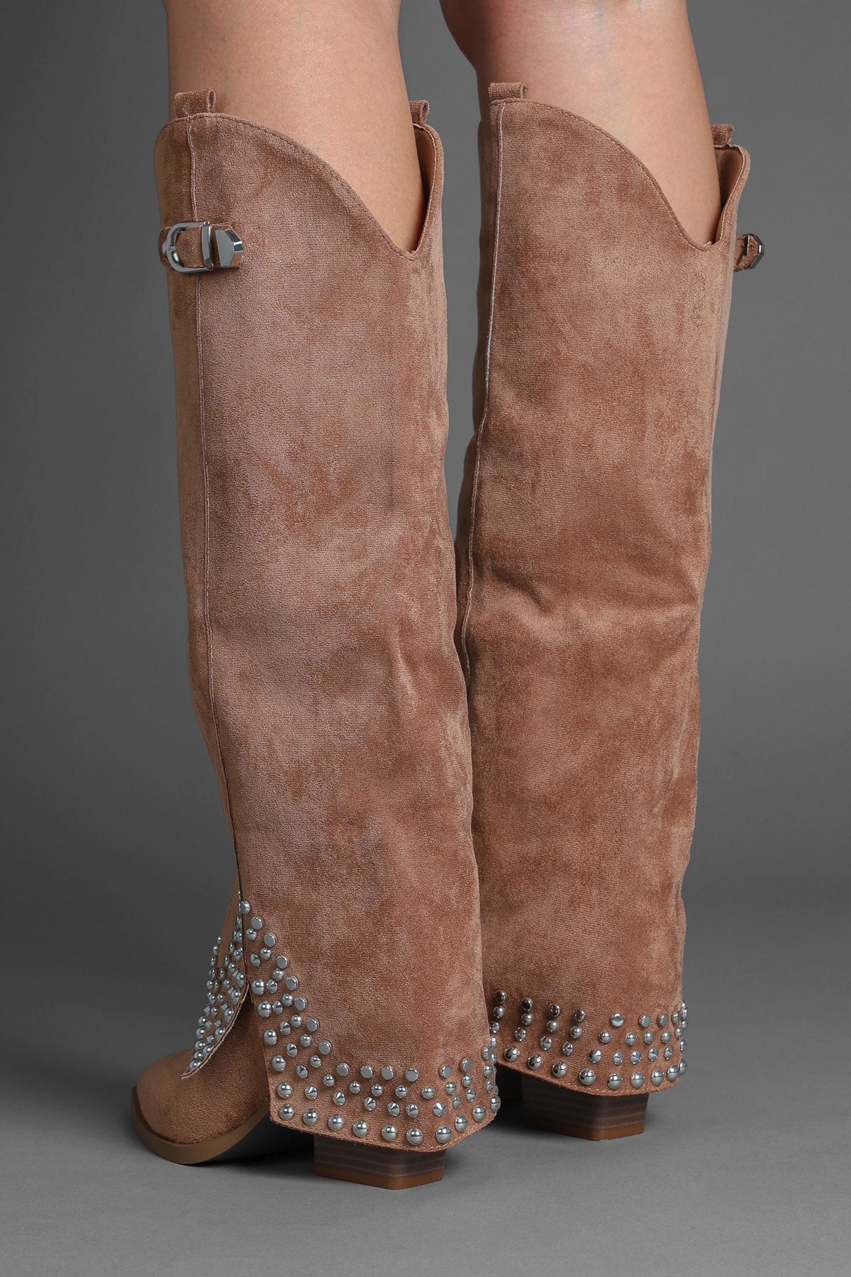 Tan Faux Suede Studded Fold Over Slouch Western Cowboy Boots