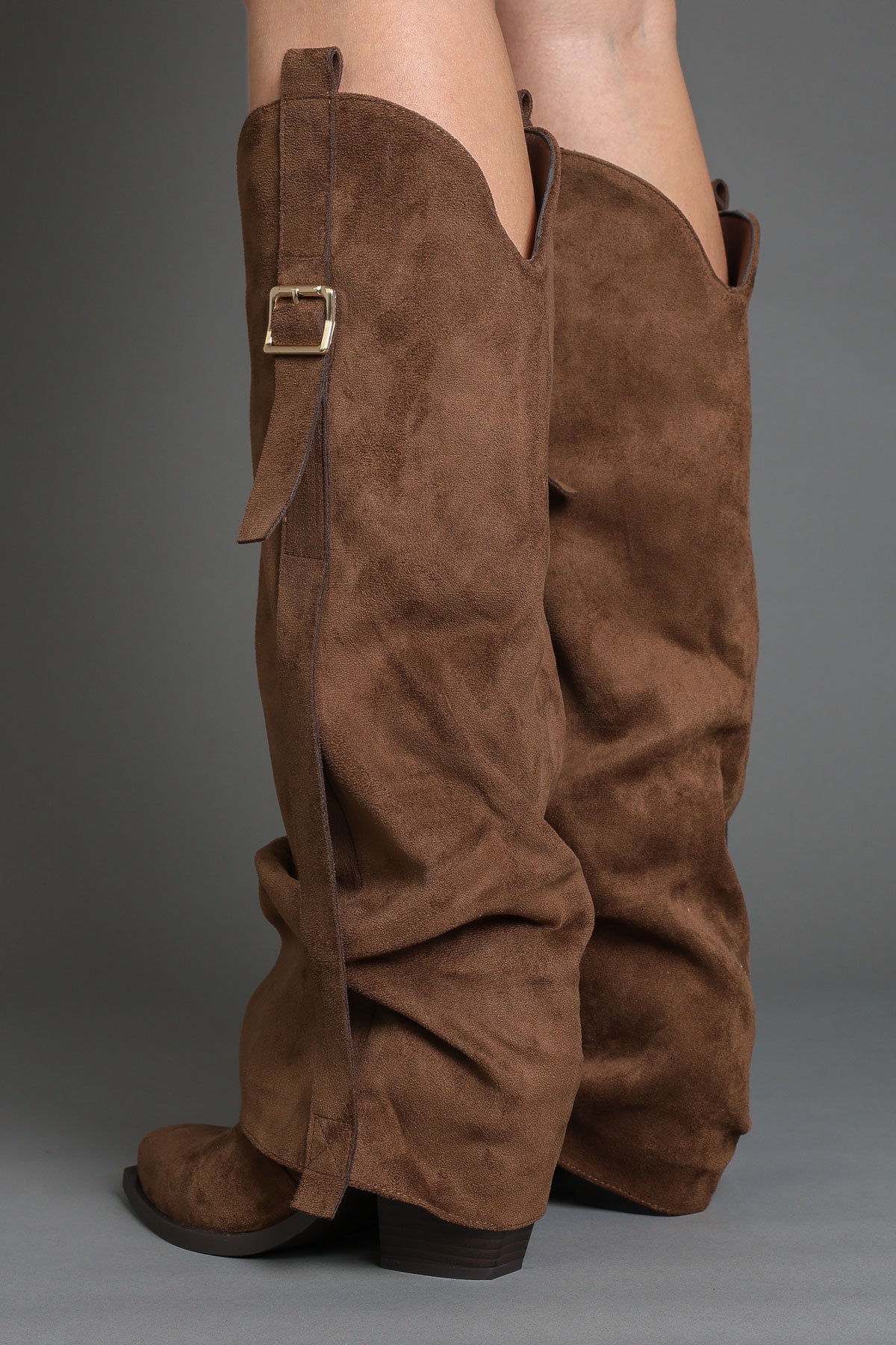 Brown Suede Slouchy Fold Over Western Cowboy Boots