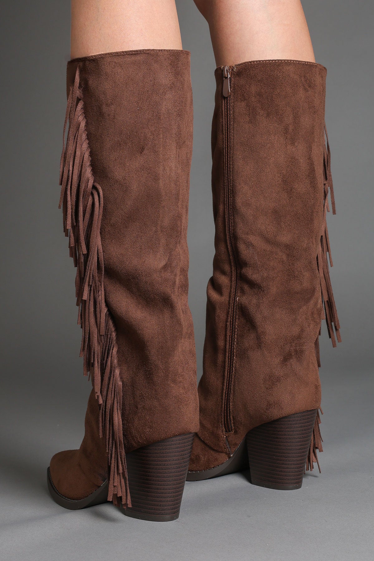 Brown Faux Suede Fringe Slouchy Knee-High Western Cowboy Boots