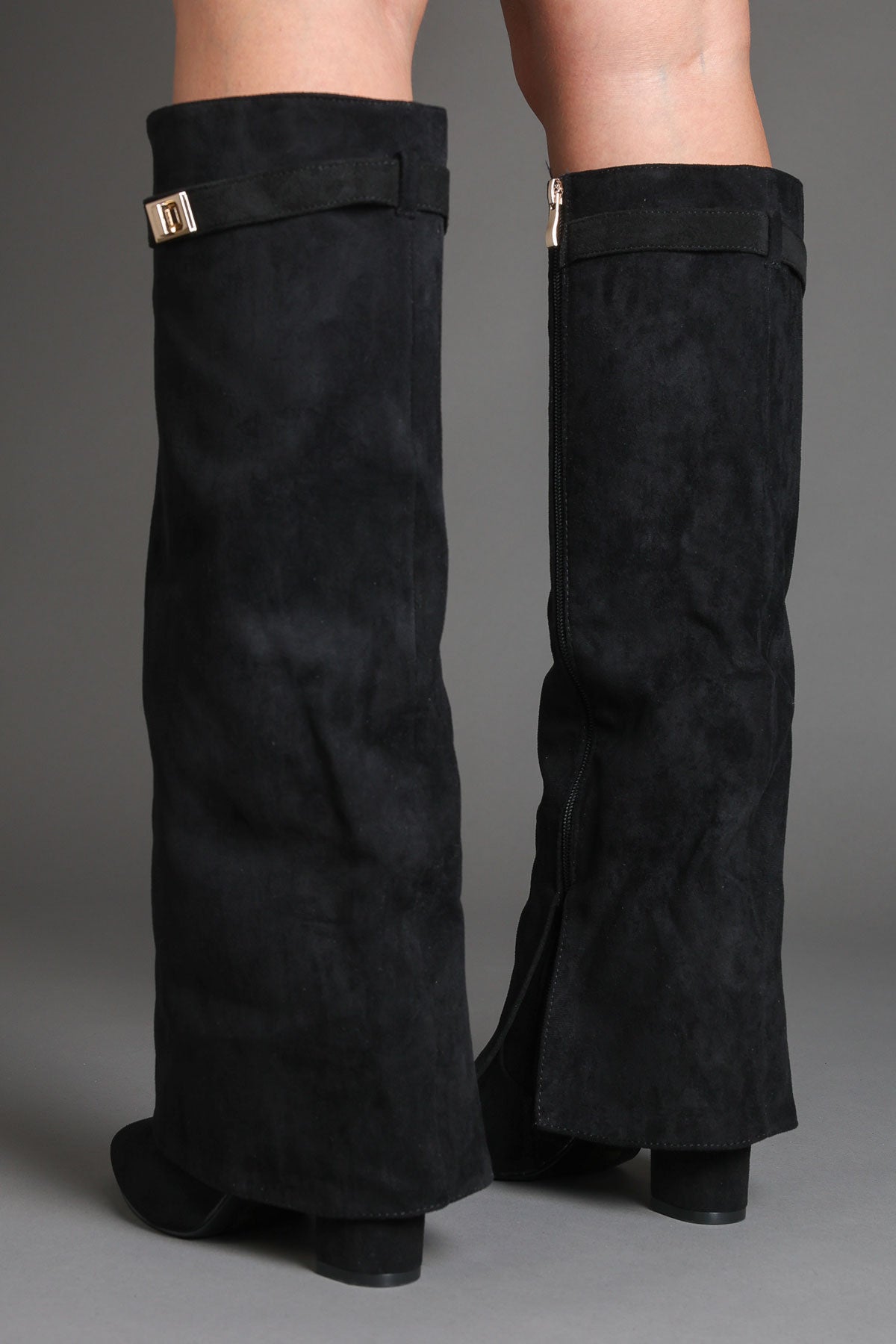 Black Faux Suede Fold Over Buckle lock Shark Boots