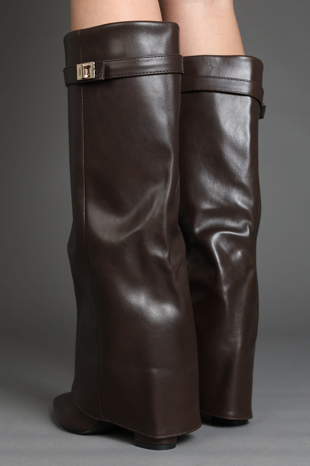 Brown Faux Leather Slouchy Fold-Over Boots with Buckle Detail