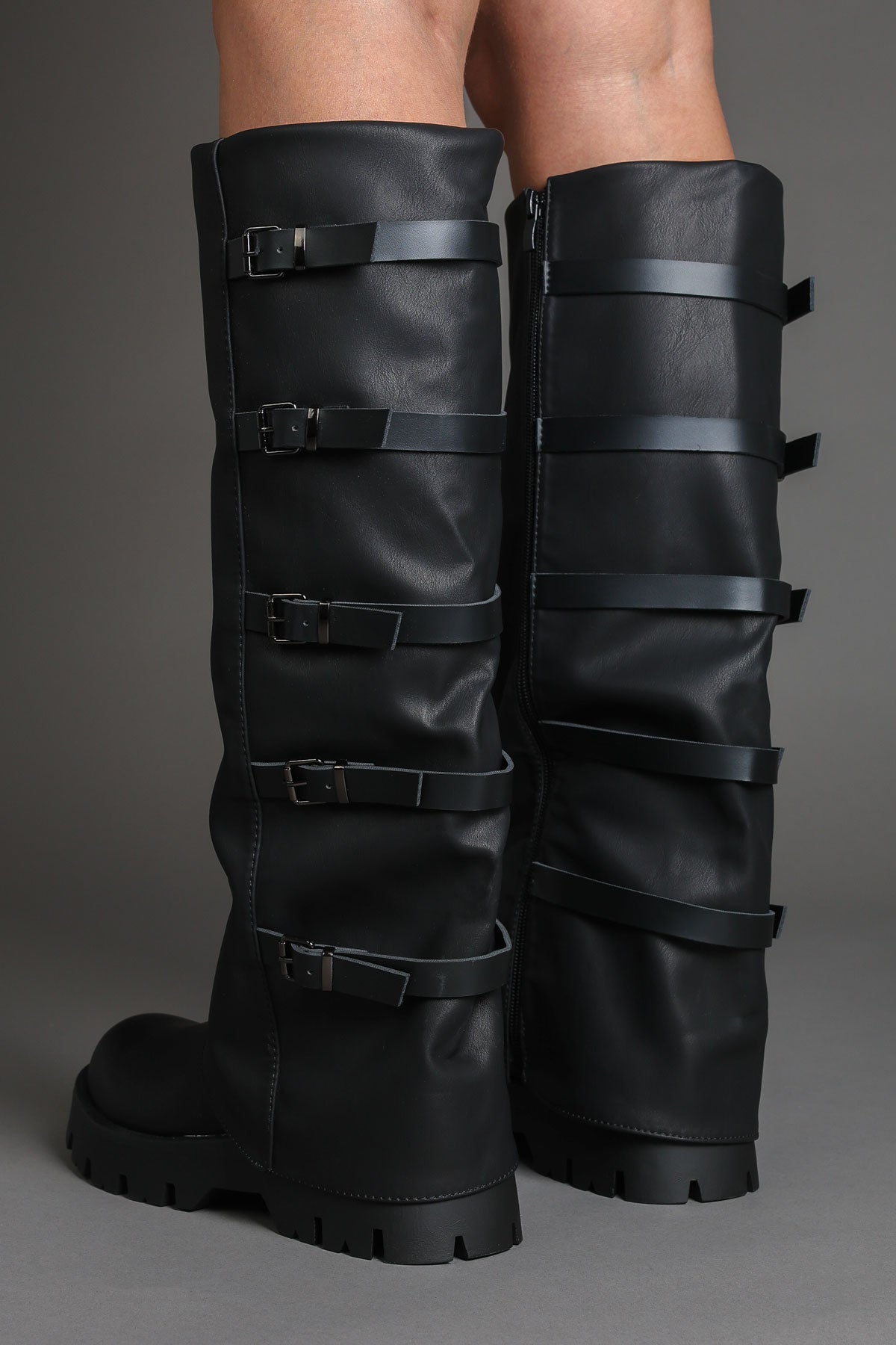 Black Buckle Detail Fold Over Chunky Biker Boots - Kissed Black