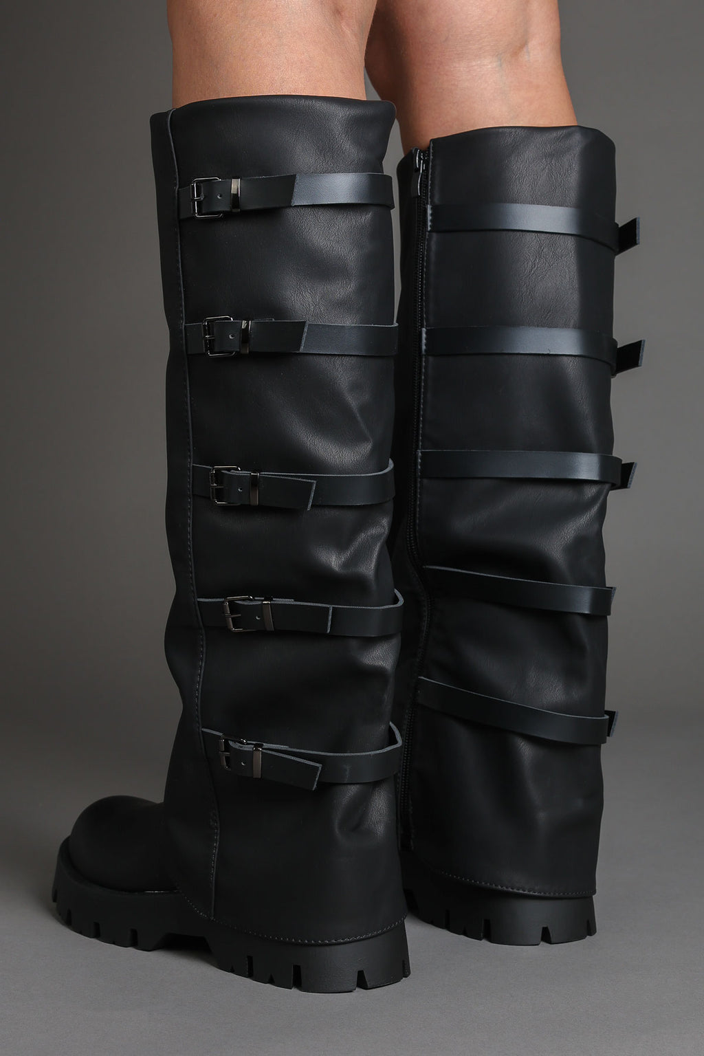 Black Buckle Detail Fold Over Chunky Biker Boots