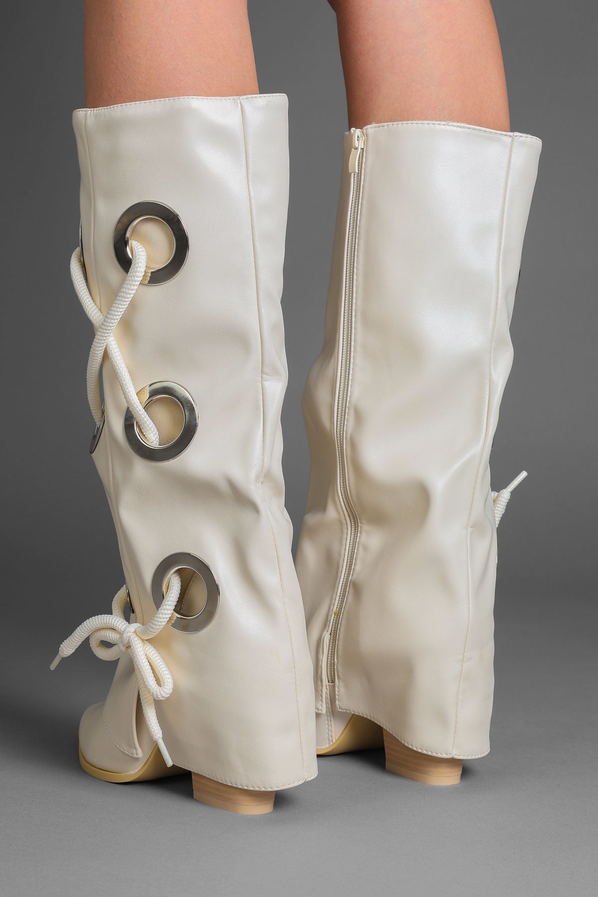 Beige Faux Leather Fold Over Lace Detail Knee-High
