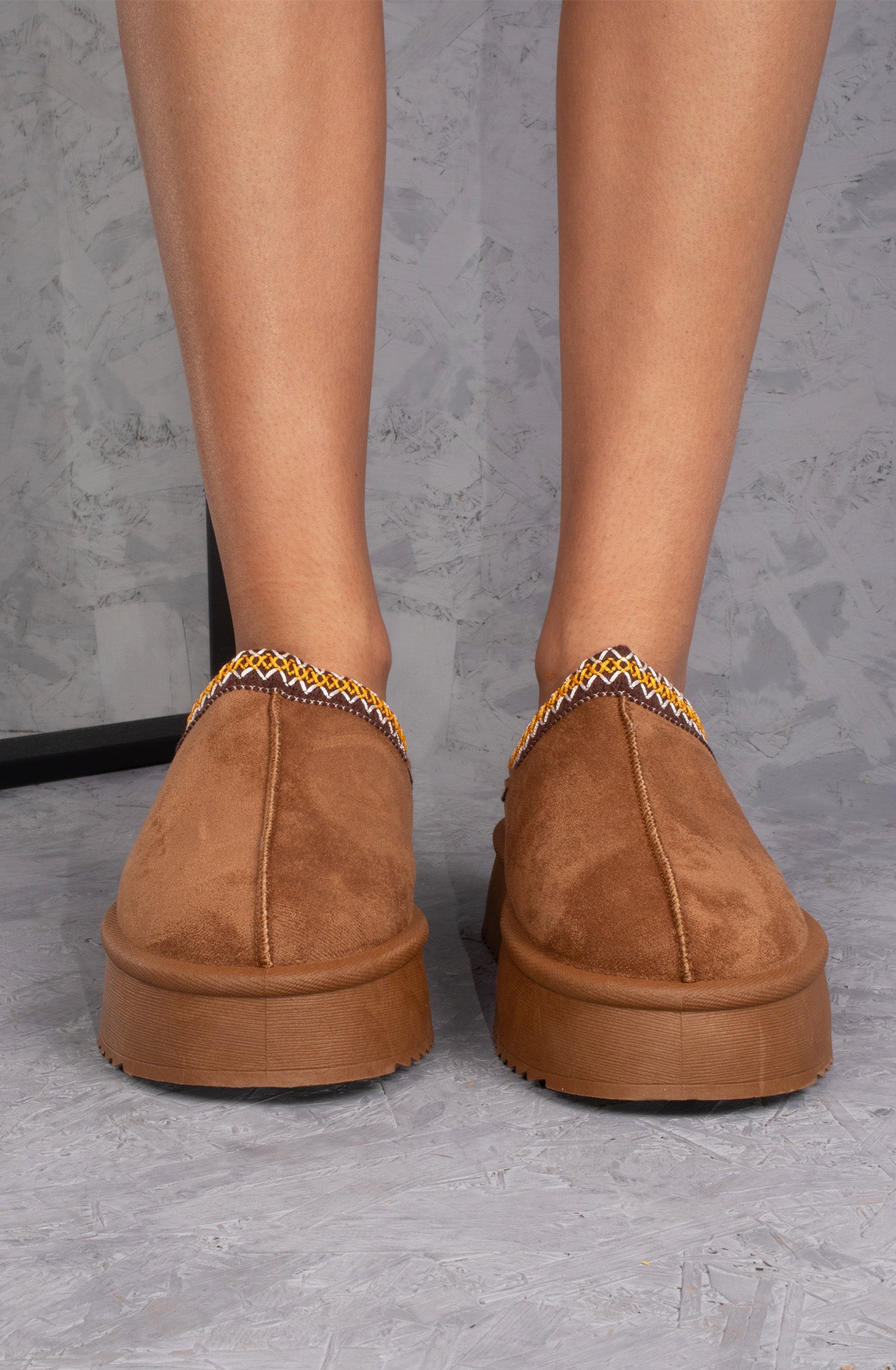 Vanilla Suede Embroidered Chunky Platform Slippers Shoes - Camel Chestnut