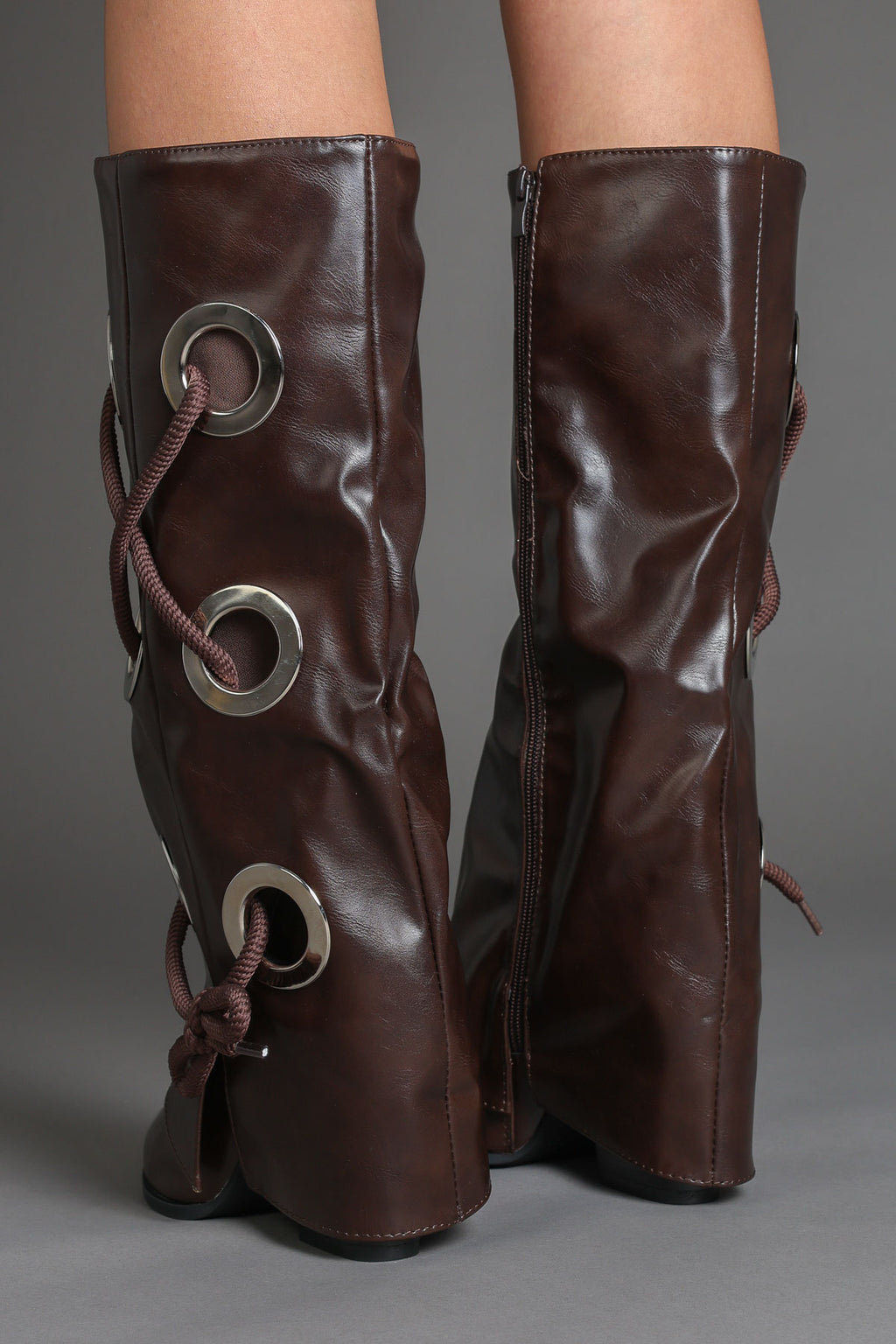 Brown Faux Leather Fold Over Lace Detail Knee-High