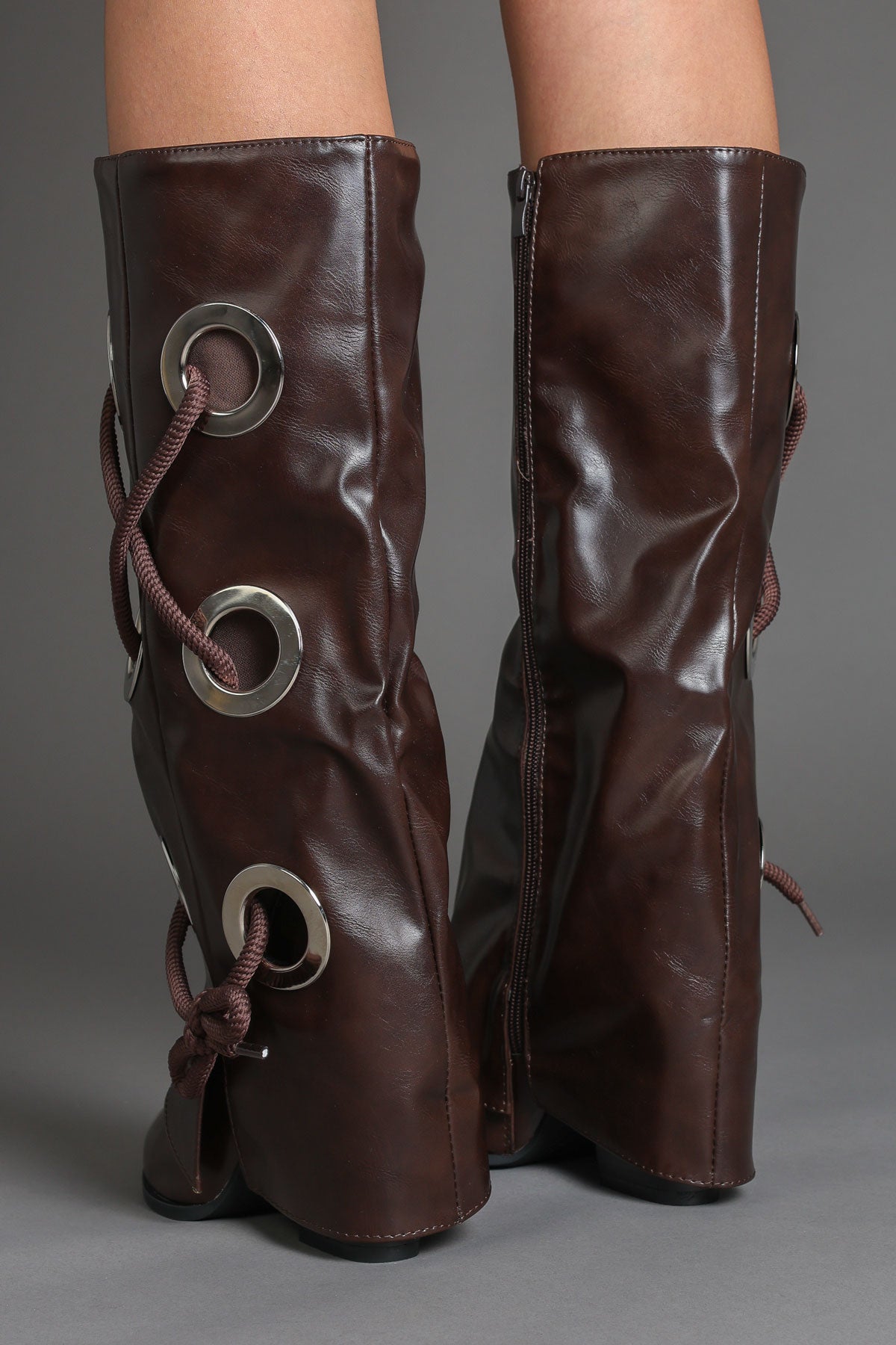 Brown Faux Leather Fold Over Lace Detail Knee-High