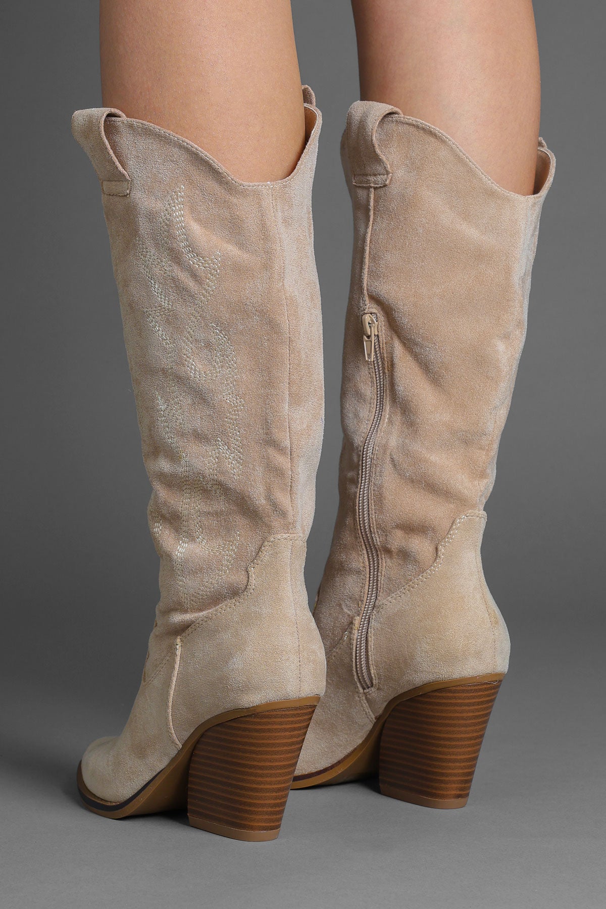 Beige Faux Suede Embroidered Classic Western Cowboy Boots