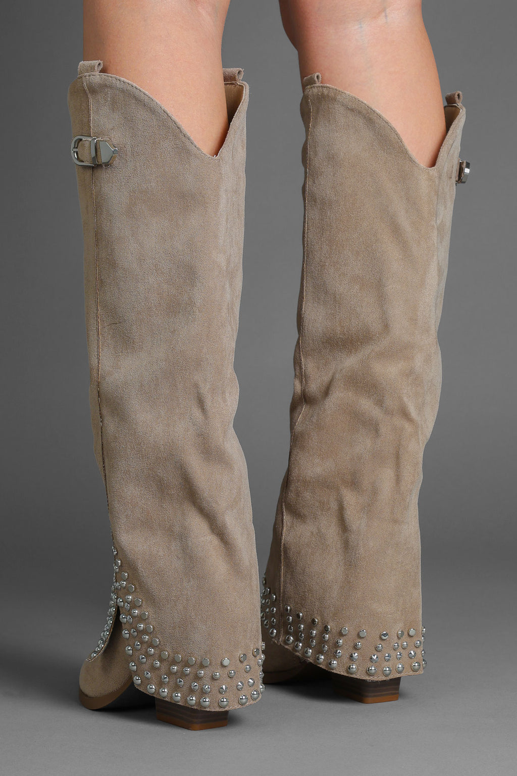 Taupe Suede Studded Fold Over Slouch Western Cowboy Boots