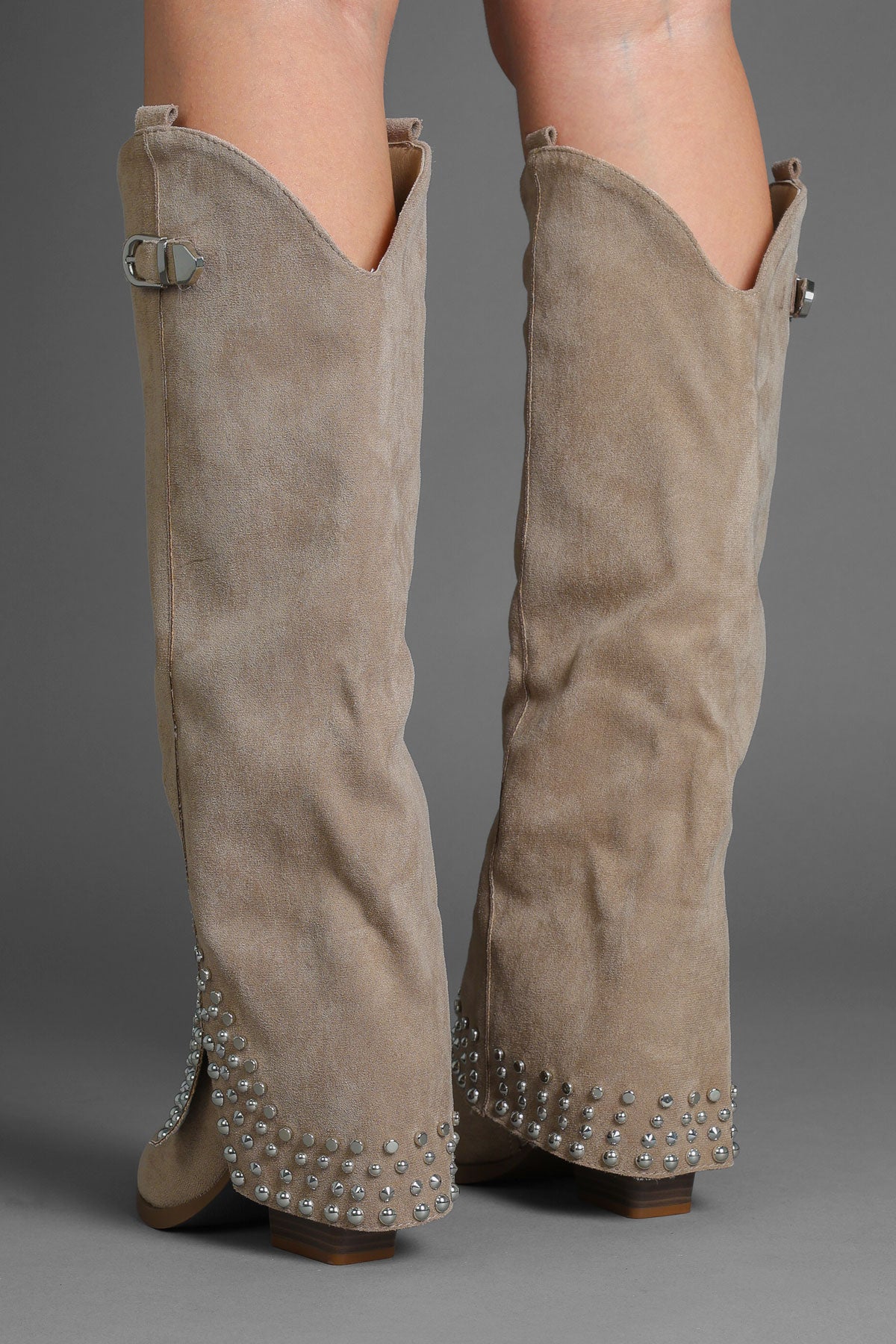 Taupe Suede Studded Fold Over Slouch Western Cowboy Boots