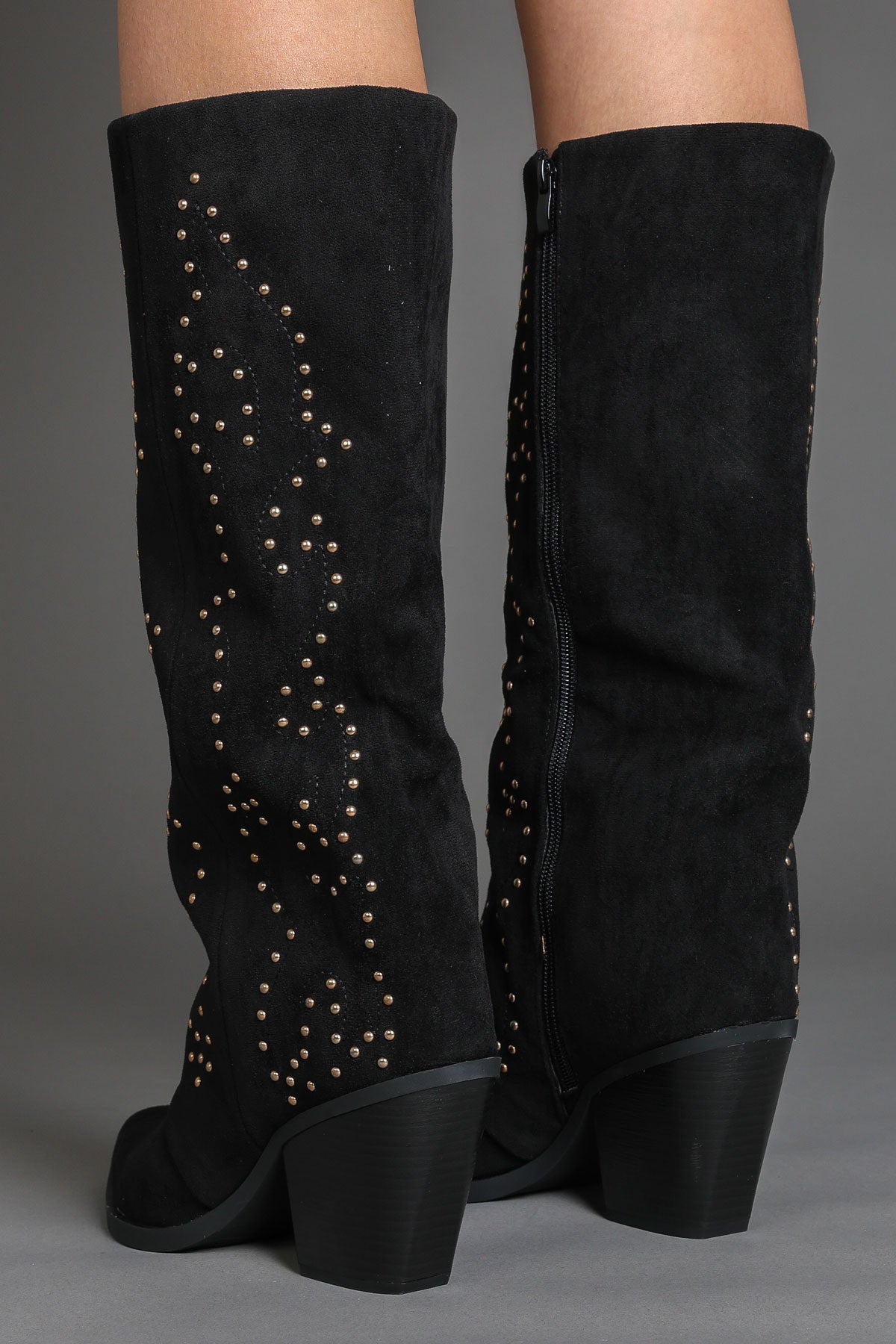 Black Faux Suede Studded Slouchy Western Cowboy Boots