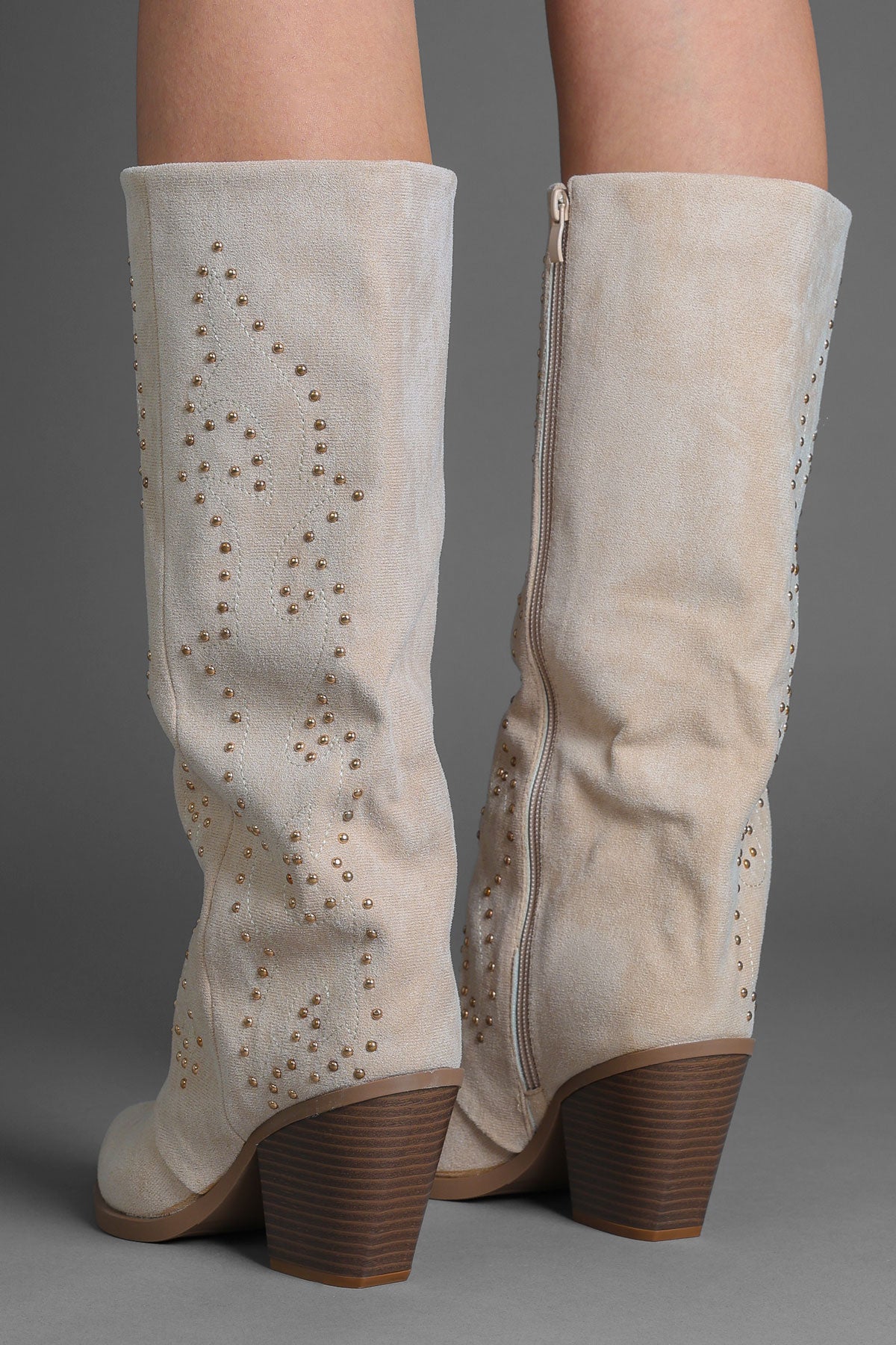 Beige Faux Suede Studded Slouchy Western Cowboy Boots