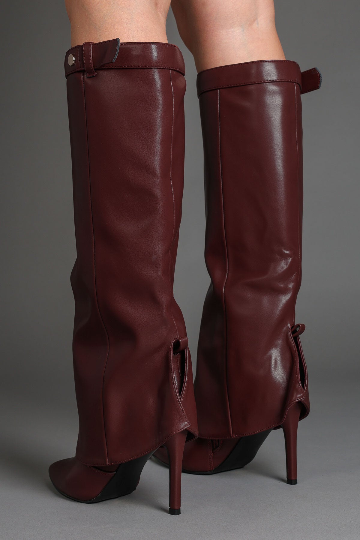 Burgundy Fold Over Stiletto Boots with Pointed Toe
