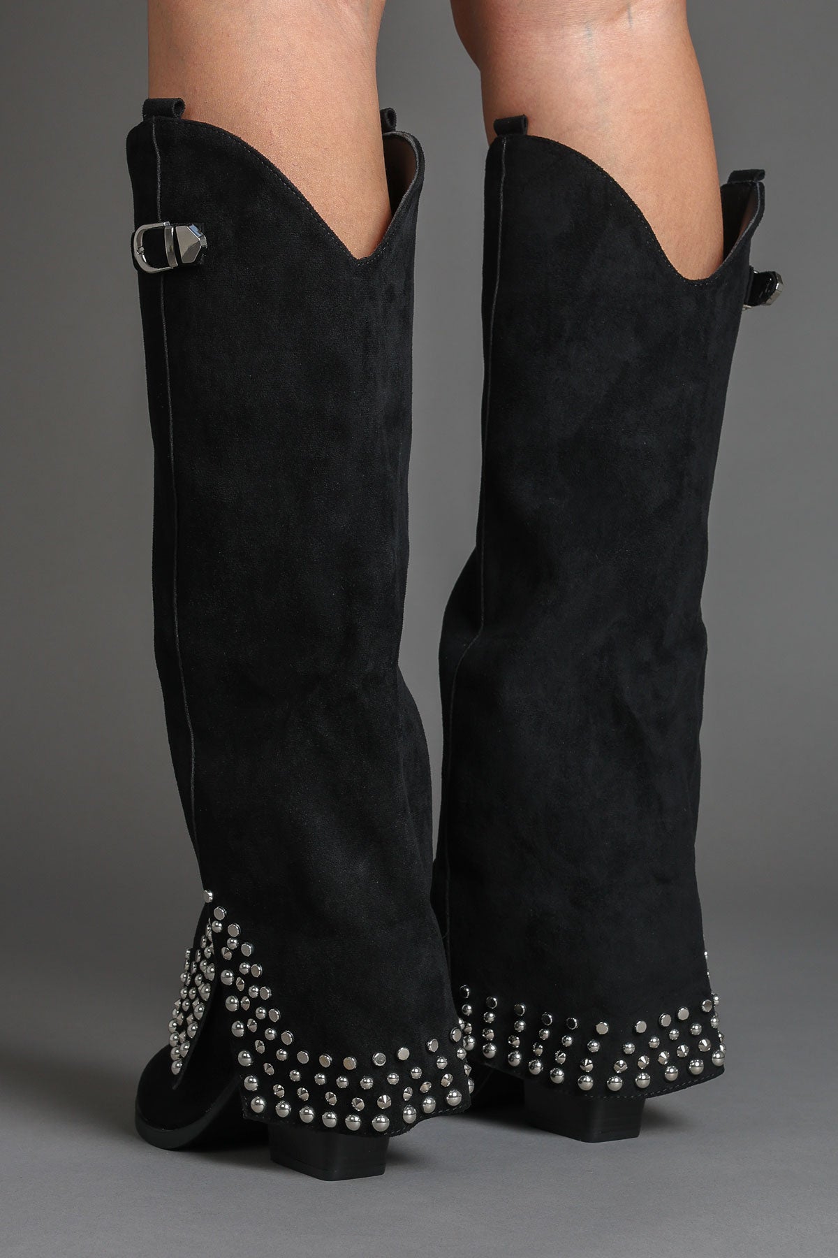 Black Faux Suede Studded Fold Over Slouch Western Cowboy Boots
