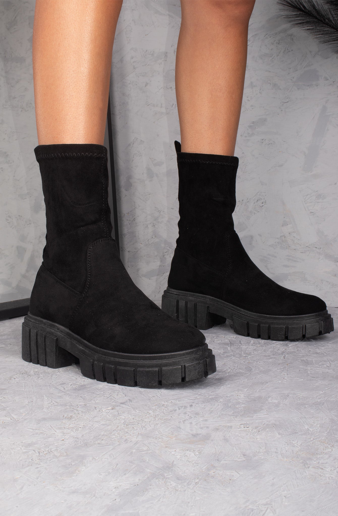 Black Faux Suede Ankle Sock Boot