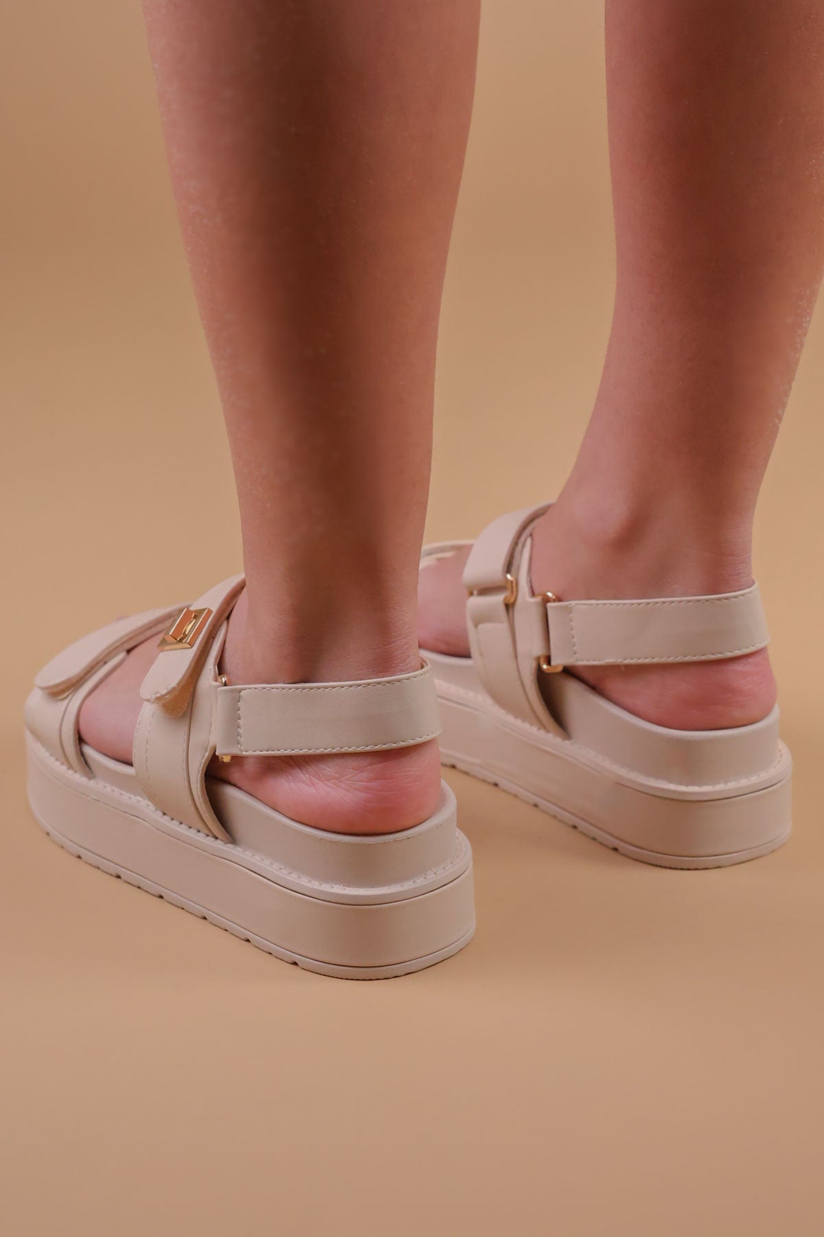 Beige Chunky Flatform Velcro Sandals