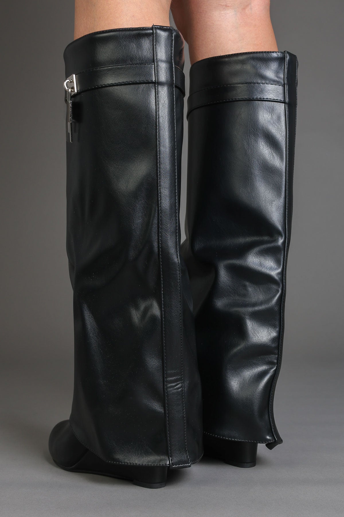 Black Faux Leather Wedge Fold Over Padlock Detail Boots