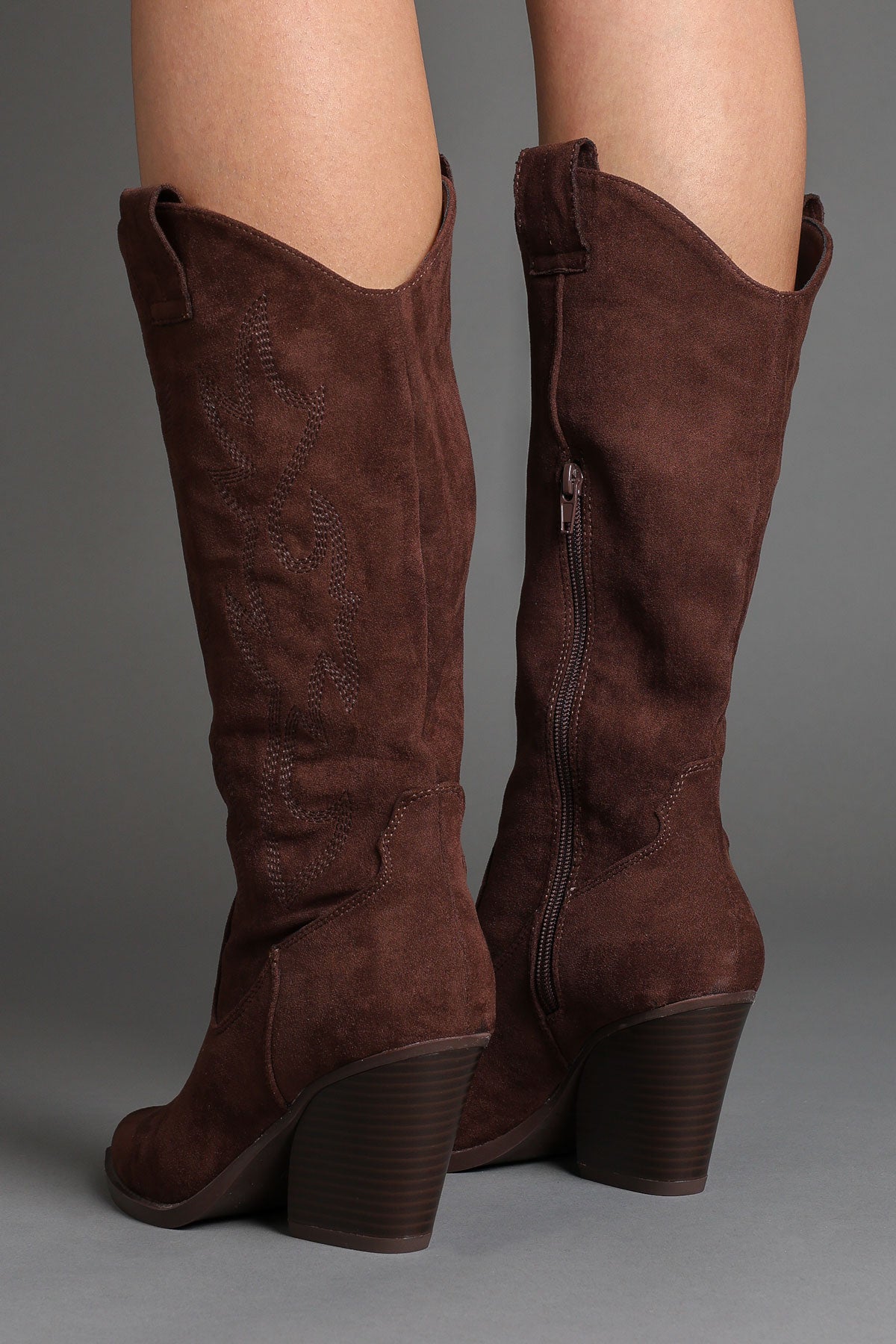 Brown Faux Suede Embroidered Classic Western Cowboy Boots