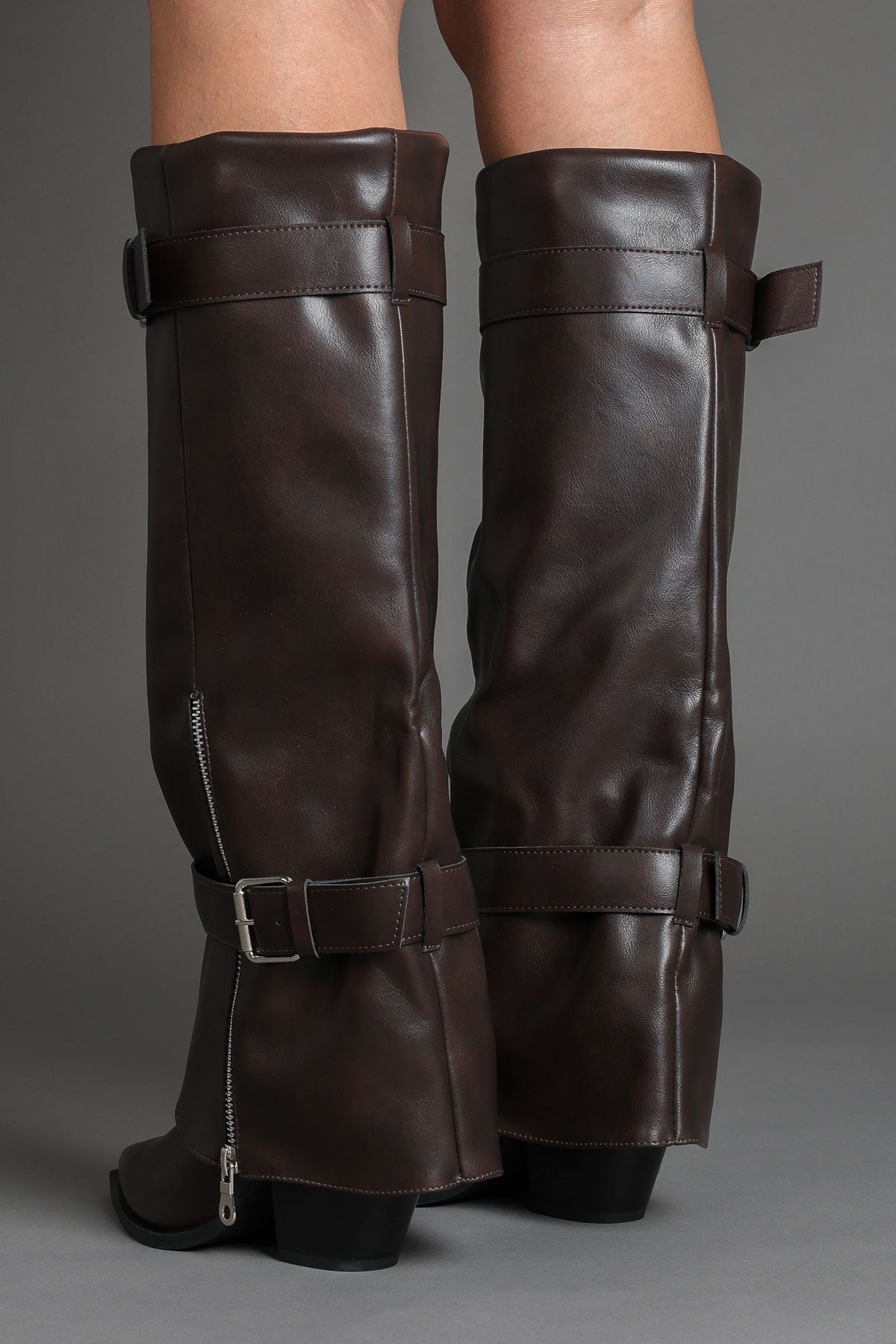 Brown Fold Over Pointed-Toe Buckle Detail Western Boots