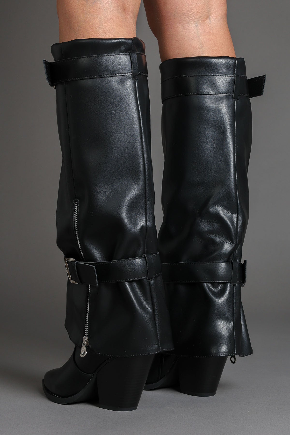 Black Fold Over Pointed-Toe Buckle Detail Western Boots