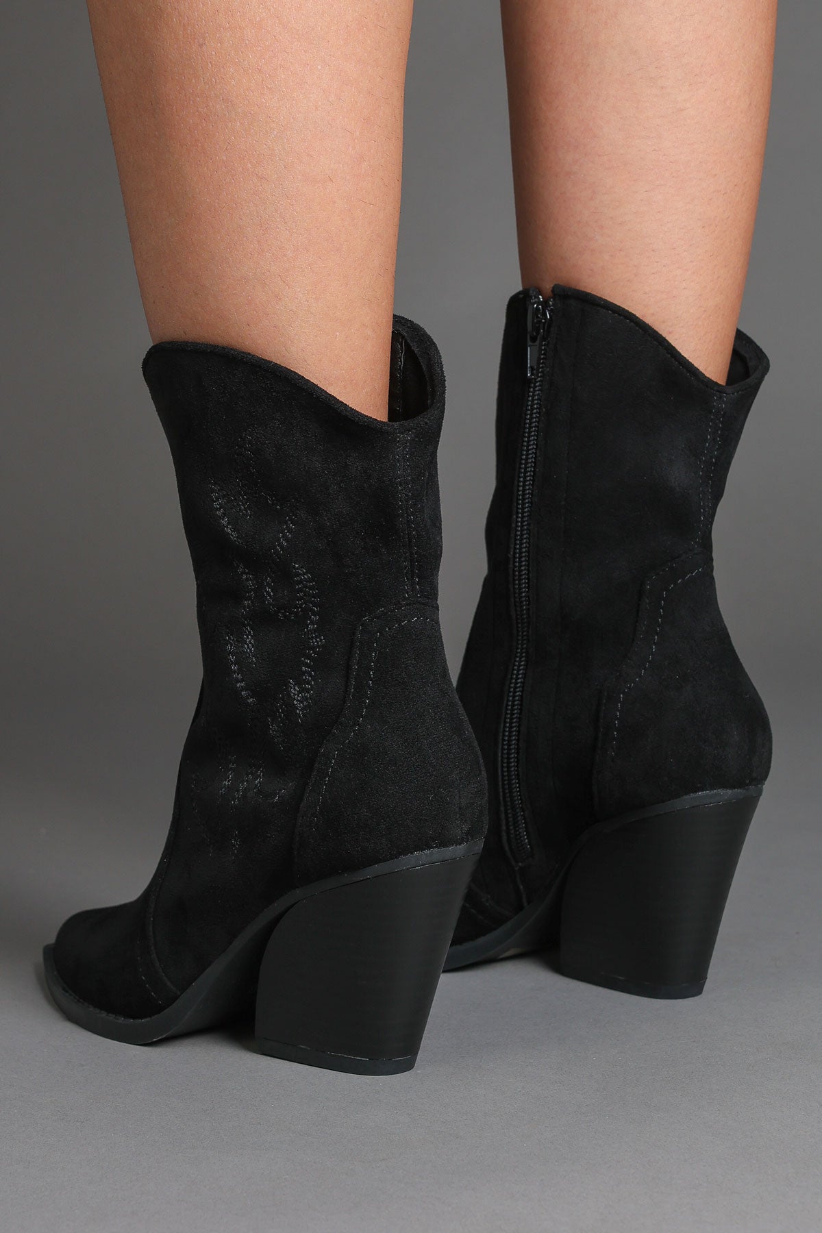 Black Faux Suede Embroidered Classic Western Ankle Cowboy Boots