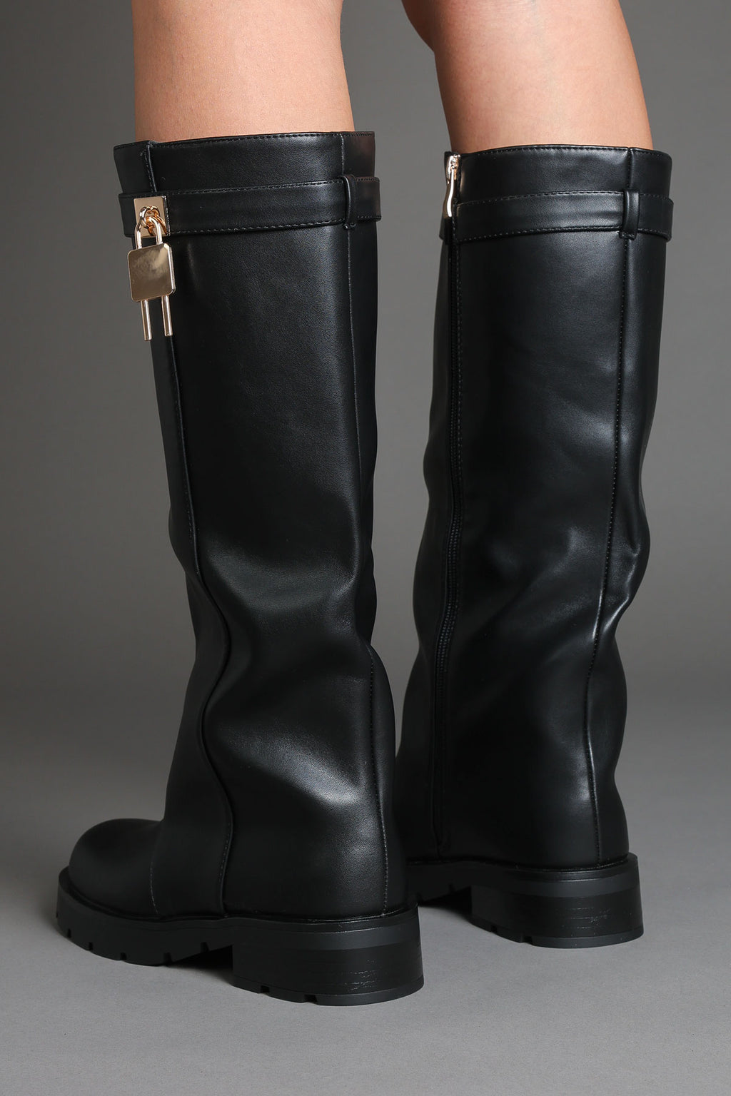 Black Chunky Lug Sole Riding Boots with Gold Padlock Detail