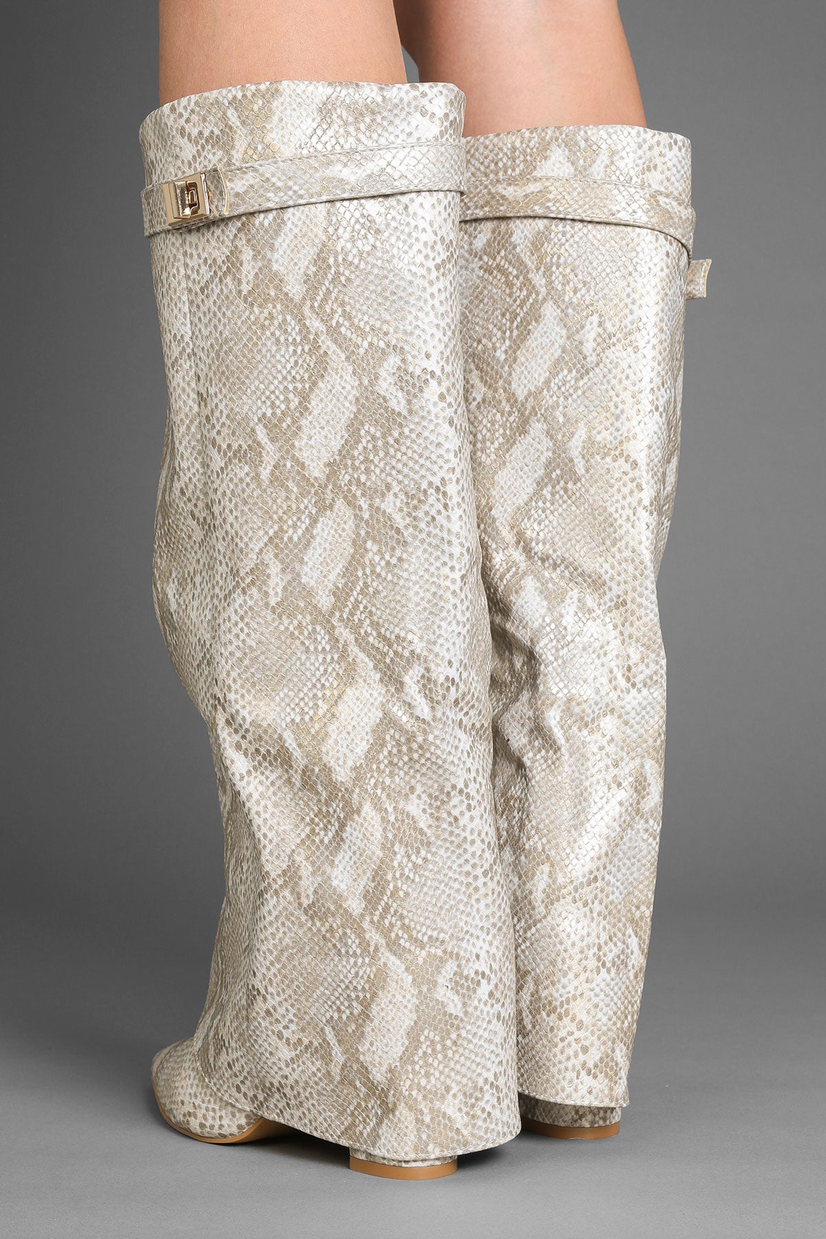 Snake Faux Leather Slouchy Fold-Over Boots with Buckle Detail