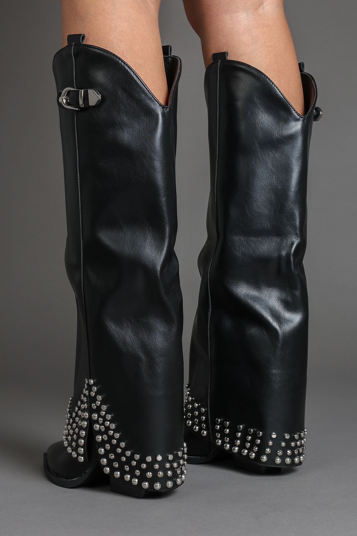 Black Faux Leather Studded Fold Over Slouch Western Cowboy Boots