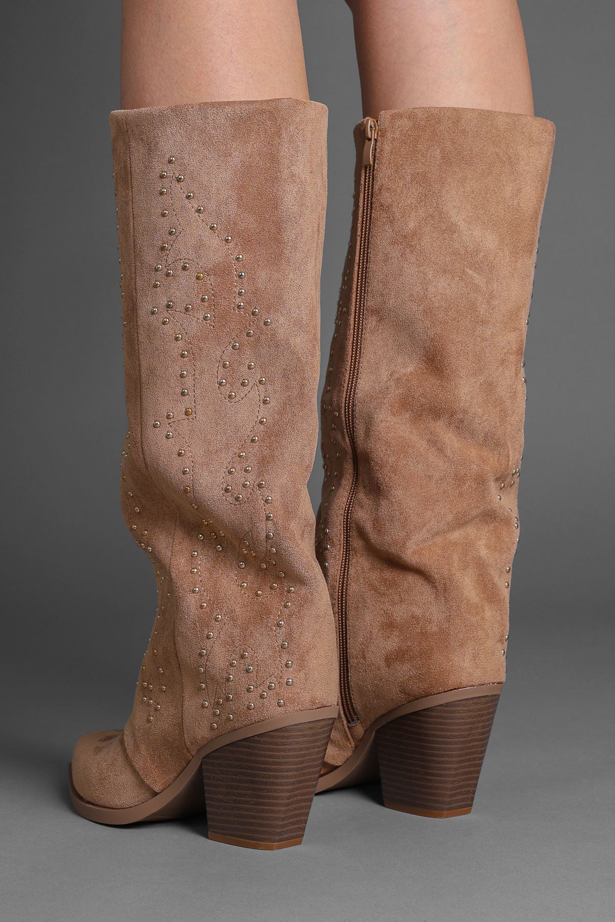 Tan Faux Suede Studded Slouchy Western Cowboy Boots