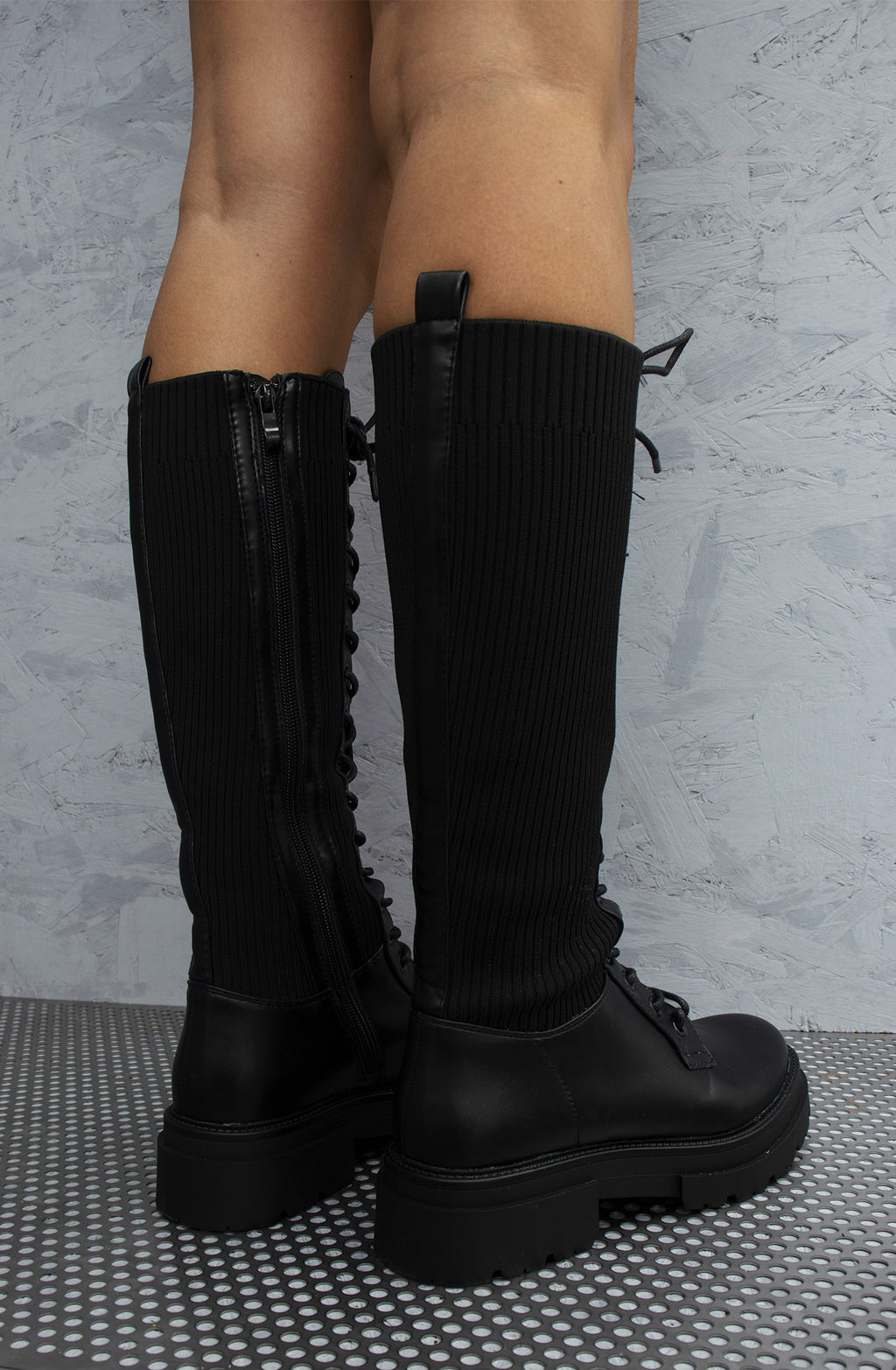 Rock Star Laced Up Faux Leather Midi Boots Black