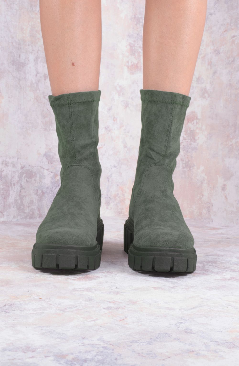 Khaki Green Faux Suede Ankle Sock Boot