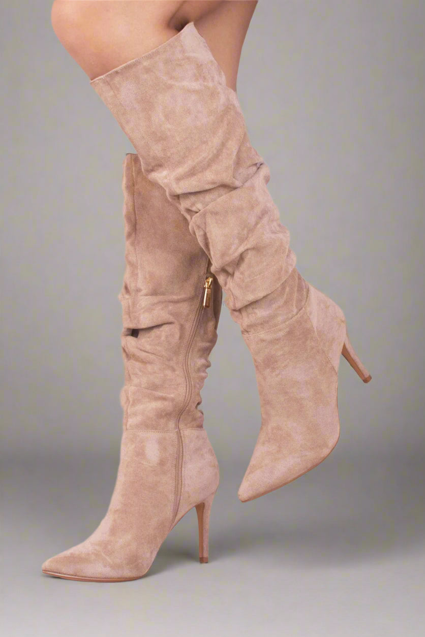 Taupe Ruched Pointed Toe Stiletto High Heel Knee High Boots