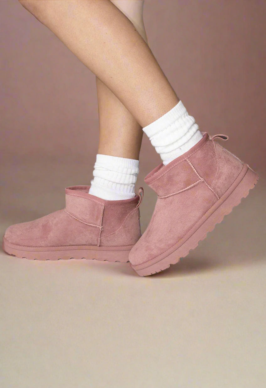 Ultra Mini Ankle Length Faux Fur Lining Cosy Boots In Pink Faux Suede